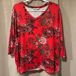 The Pioneer Woman Womens Buttery Soft Red Floral V Neck Top 3/4 Sleeve Size XXL